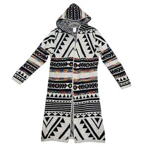 Northern Angel Womens Medium Aztec Hooded Duster Cardigan Black White Multicolor